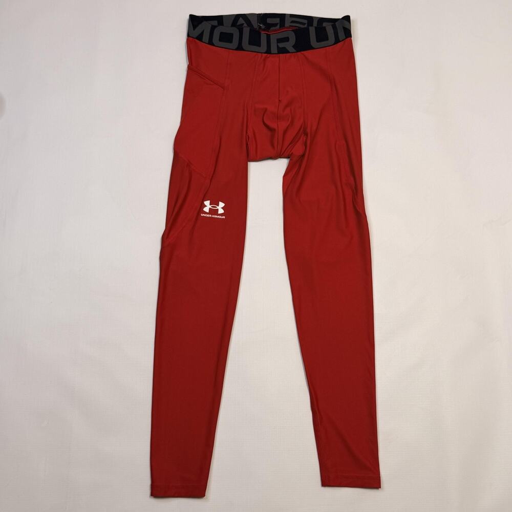 Under Armour HeatGear Leggings Mens Medium Red Compression Pocket Gym Running